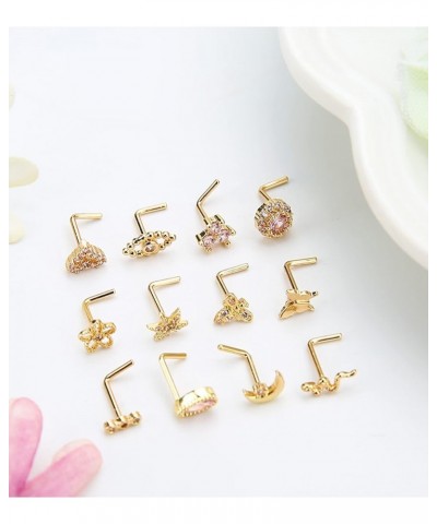 12pcs 20G Nose Rings Studs L Shaped Nose Studs Stainless Steel Nose Piercings Flower Heart Snake Butterfly Moon Nose Rings Pi...