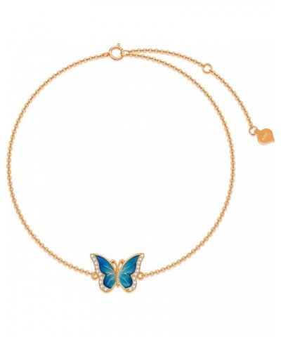 14k Rose Gold Blue Butterfly Anklet for Women, Solid 14 Karat Gold Animal Lover Ankle Bracelet Jewelry Gifts for Her, 9.4"+0....