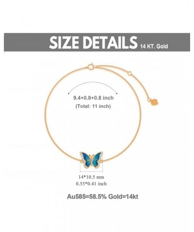 14k Rose Gold Blue Butterfly Anklet for Women, Solid 14 Karat Gold Animal Lover Ankle Bracelet Jewelry Gifts for Her, 9.4"+0....