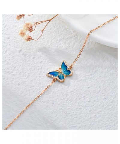 14k Rose Gold Blue Butterfly Anklet for Women, Solid 14 Karat Gold Animal Lover Ankle Bracelet Jewelry Gifts for Her, 9.4"+0....