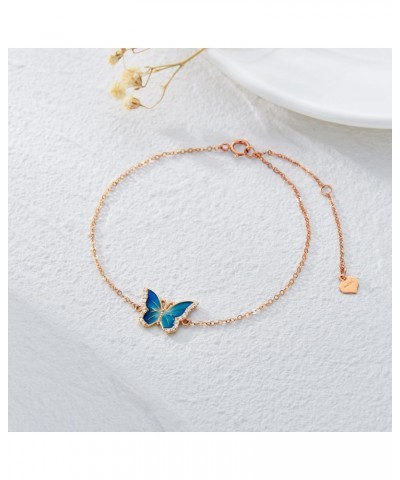 14k Rose Gold Blue Butterfly Anklet for Women, Solid 14 Karat Gold Animal Lover Ankle Bracelet Jewelry Gifts for Her, 9.4"+0....