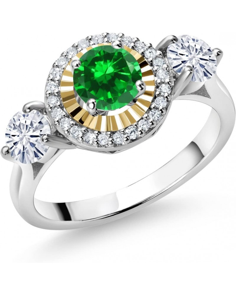 925 Silver and 10K Yellow Gold 3-Stone Lab Grown Diamond 3 Stone Women Engagement Ring Round Green Created Emerald and Moissa...