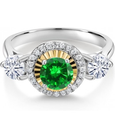 925 Silver and 10K Yellow Gold 3-Stone Lab Grown Diamond 3 Stone Women Engagement Ring Round Green Created Emerald and Moissa...