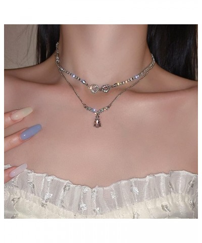 Dainty Layered Chain Choker Necklace Tennis Choker Necklace Pink Crystal Pendant Necklace for Women and Girls $8.34 Necklaces