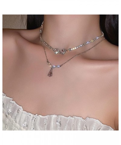 Dainty Layered Chain Choker Necklace Tennis Choker Necklace Pink Crystal Pendant Necklace for Women and Girls $8.34 Necklaces