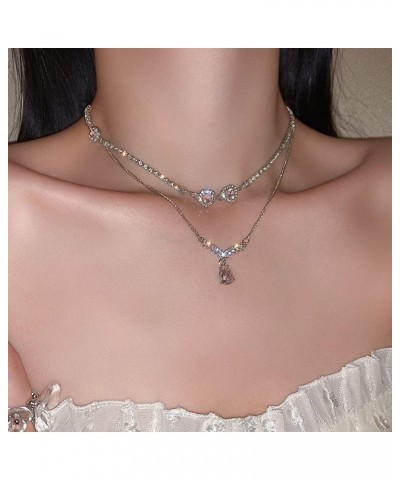 Dainty Layered Chain Choker Necklace Tennis Choker Necklace Pink Crystal Pendant Necklace for Women and Girls $8.34 Necklaces