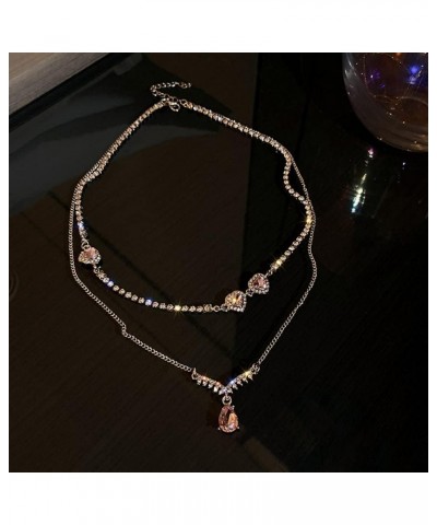 Dainty Layered Chain Choker Necklace Tennis Choker Necklace Pink Crystal Pendant Necklace for Women and Girls $8.34 Necklaces