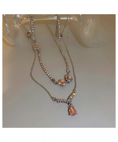 Dainty Layered Chain Choker Necklace Tennis Choker Necklace Pink Crystal Pendant Necklace for Women and Girls $8.34 Necklaces