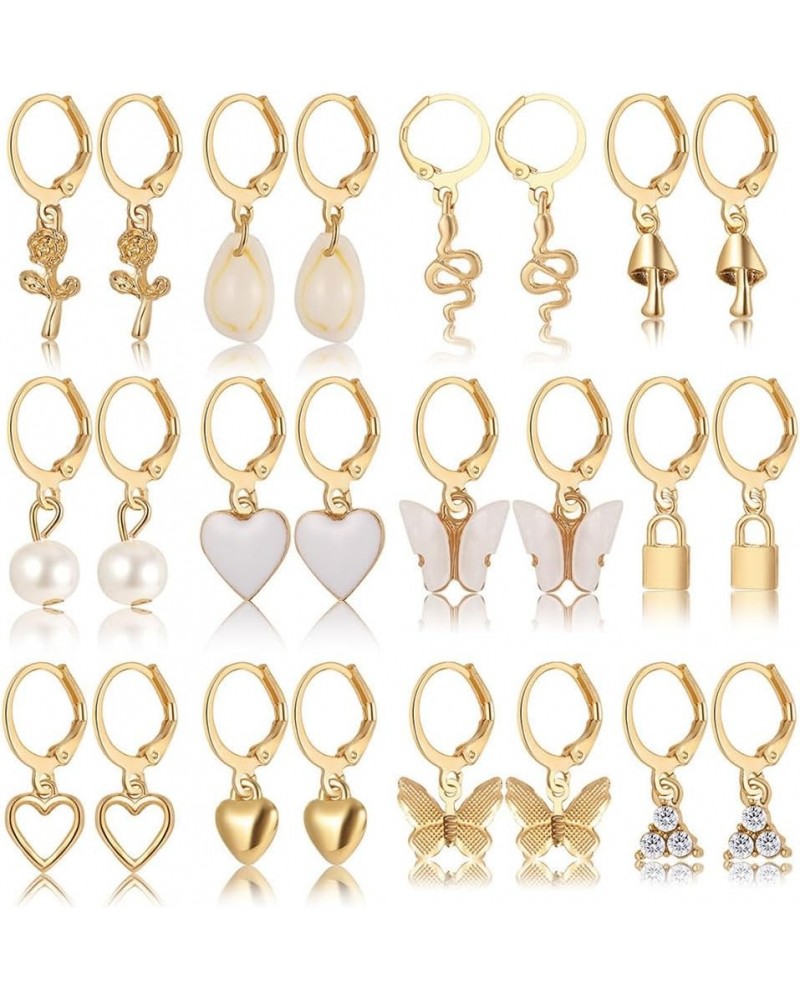 12 Pairs Gold Earrings Set for Women Girls,Hypoallergenic Fashion Heart Butterfly Snake Pearl Link Drop Dangle Earrings Multi...