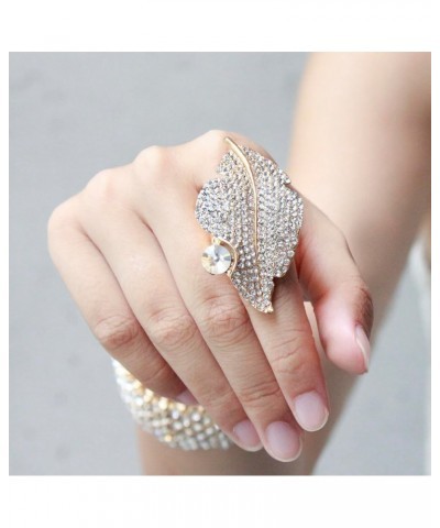 Leaf Design Crystal Stretch Ring for Women Statement Rings Fit for Size 7 to 9 Gold $10.24 Rings