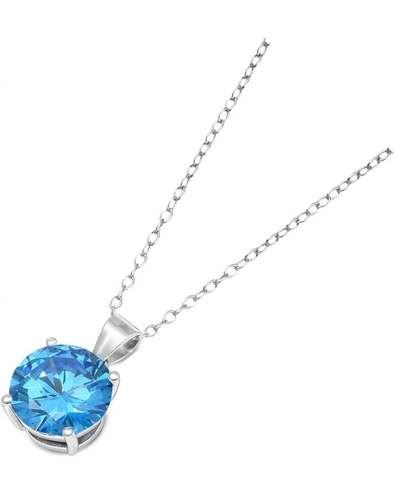 Solitaire Round-Cut Simulated CZ Pendant Necklace 8mm 925 Sterling Silver Adjustable Cable Chain 16" + 2" ext Simulated Blue ...