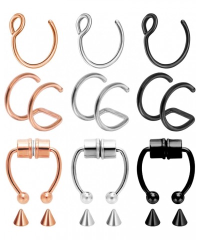 9Pcs Fake Nose Rings Septum Piercings Stainless Steel Nose Ring Double Hoop Nose Ring Fake Septum Ring Faux Nose Rings for Wo...