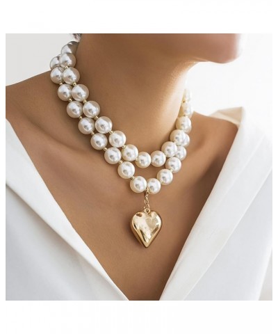 Chunky Pearl Choker Necklace for Women Chunky Heart Necklaces Heart Pendant Necklace Pearl Beaded Necklace for Lady Gifts A $...