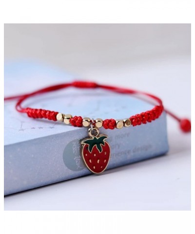 2Pcs Summer Fruit Strawberry Cherry Stretch String Bracelet Strawberry Cherry Beaded Charm Handmade Weave Red Rope Braided Ad...