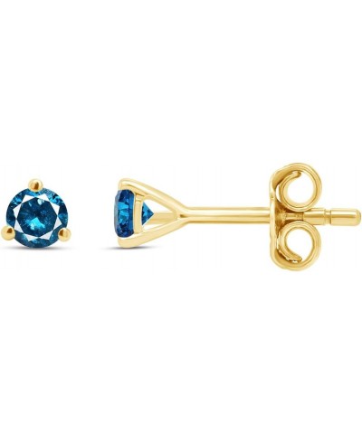 Round Blue Natural Diamond 3-prong Martini Stud Earrings (IGI Certified 0.30 ct & up) In 10k Solid Gold, (0.04-0.33 Cttw) Yel...