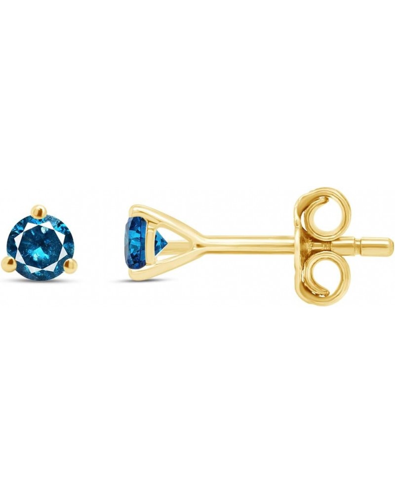 Round Blue Natural Diamond 3-prong Martini Stud Earrings (IGI Certified 0.30 ct & up) In 10k Solid Gold, (0.04-0.33 Cttw) Yel...