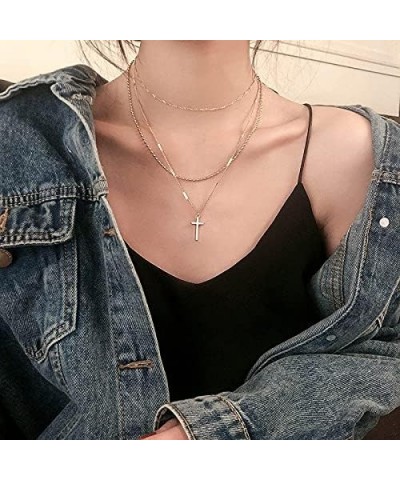 18K Gold Plated Layered Necklace for Women/Faith Pendant Choker Layered Cross Necklace Tiny Dainty Chain Necklace Gift Three ...