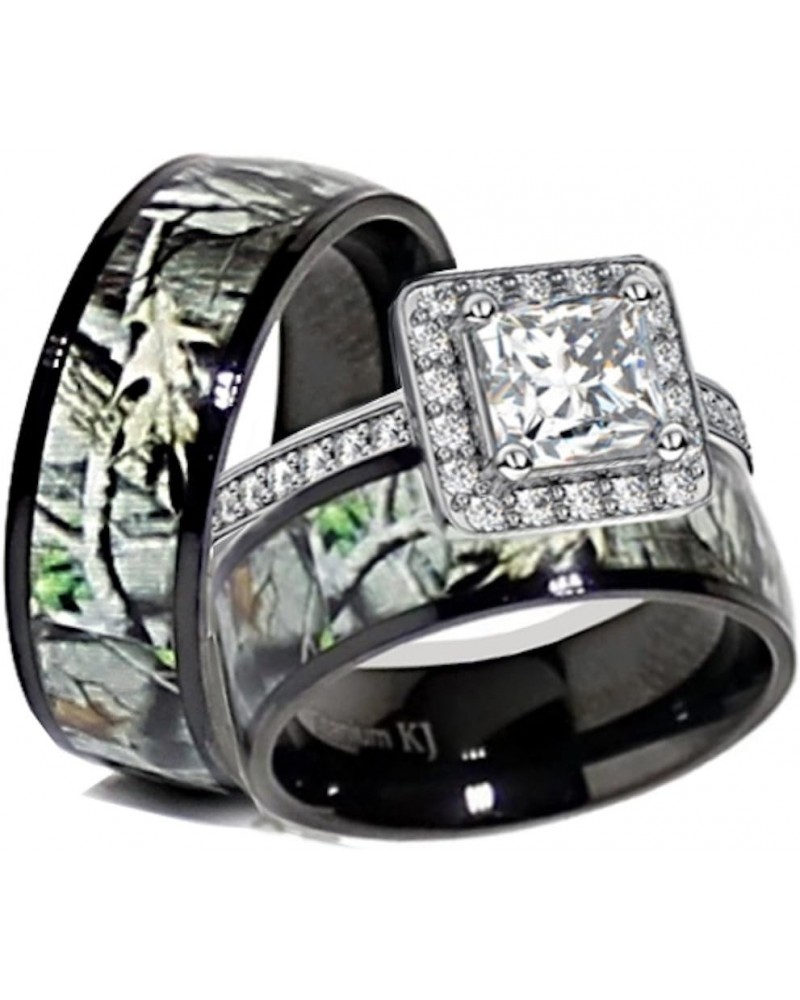 His & Her Black Titanium Camo Sterling Silver Halo Engagement Wedding Ring Set Size His 10, Hers 08 $29.20 Sets