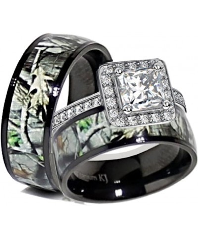 His & Her Black Titanium Camo Sterling Silver Halo Engagement Wedding Ring Set Size His 10, Hers 08 $29.20 Sets