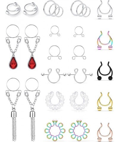 Fake Nipple Ring Stainless Steel Non-Piercing Nipple Rings Clip On Nipplerings Faux Body Piercing Jewelry for Women Men 27PCS...