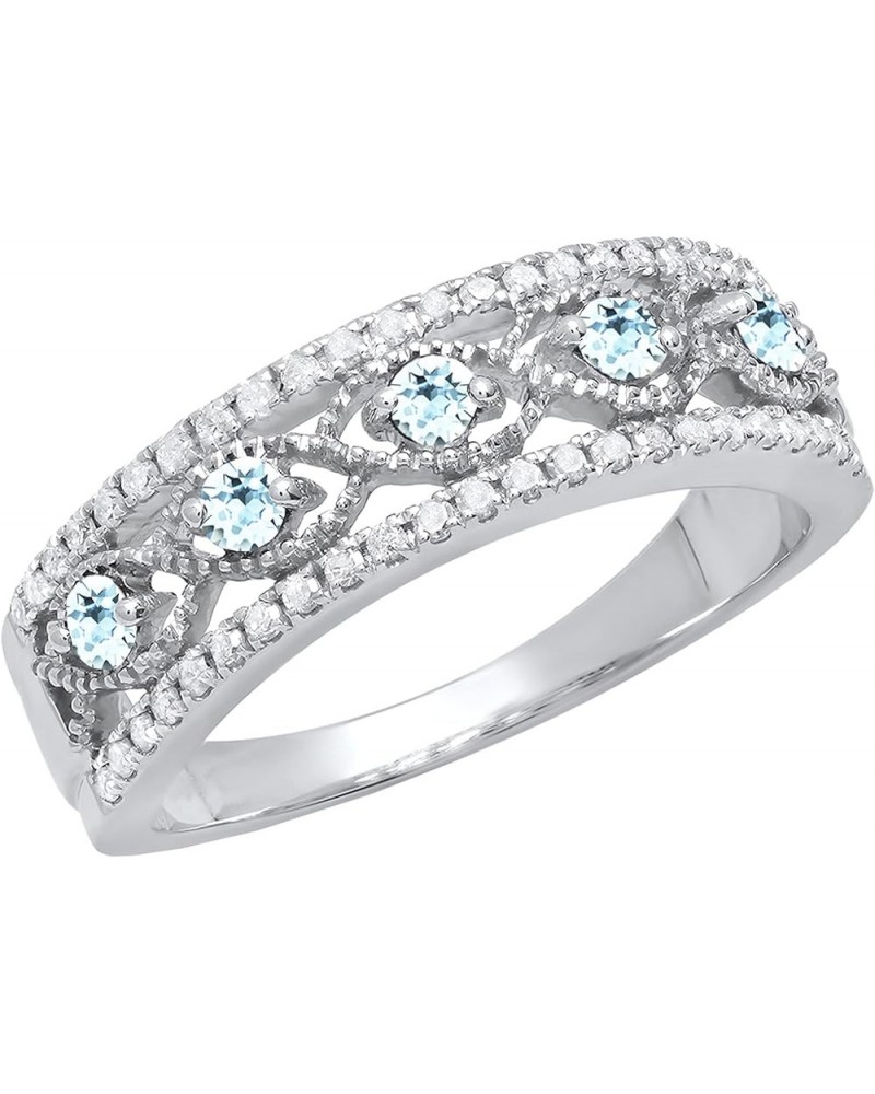 Round Gemstone & White Diamond Ladies Anniversary Wedding Band | 925 Sterling Silver Aquamarine $58.49 Rings