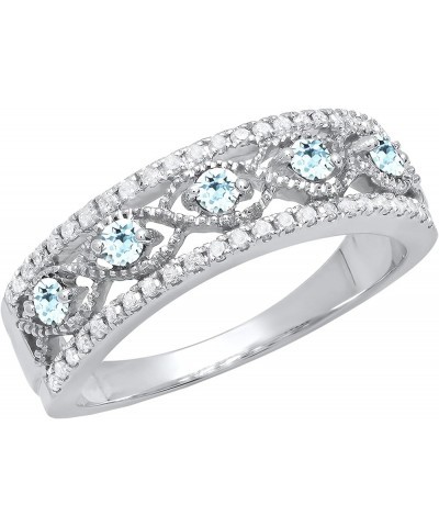 Round Gemstone & White Diamond Ladies Anniversary Wedding Band | 925 Sterling Silver Aquamarine $58.49 Rings