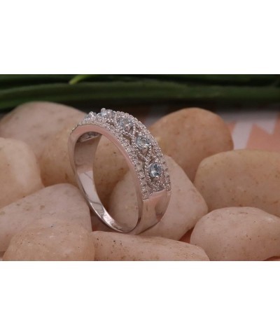 Round Gemstone & White Diamond Ladies Anniversary Wedding Band | 925 Sterling Silver Aquamarine $58.49 Rings