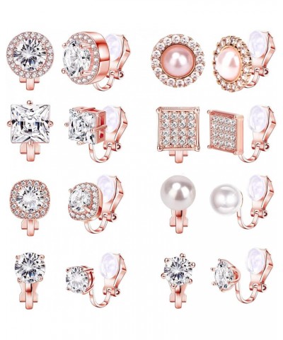 8 Pairs Clip on Earring Rose Gold Non-Pierced Earring Crystal CZ Pearl Clip on Stud Earring Non Pierced Earrings Set for Wome...