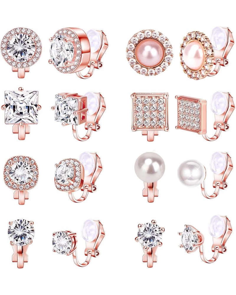 8 Pairs Clip on Earring Rose Gold Non-Pierced Earring Crystal CZ Pearl Clip on Stud Earring Non Pierced Earrings Set for Wome...