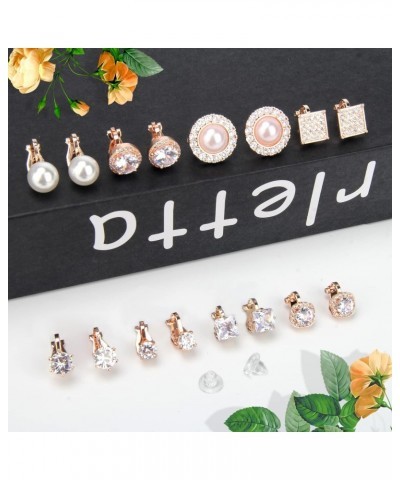 8 Pairs Clip on Earring Rose Gold Non-Pierced Earring Crystal CZ Pearl Clip on Stud Earring Non Pierced Earrings Set for Wome...