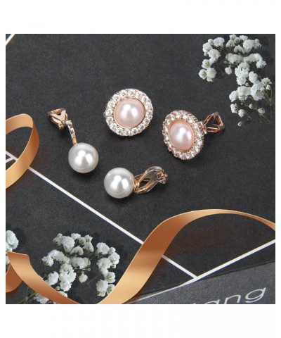 8 Pairs Clip on Earring Rose Gold Non-Pierced Earring Crystal CZ Pearl Clip on Stud Earring Non Pierced Earrings Set for Wome...