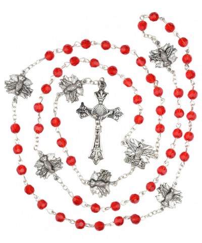 Red Confirmation Rosary, Religious Prayer Beads with Holy Spirit Dove Centerpieces, Catholic Keepsake Gifts, 22 Inches, Velve...