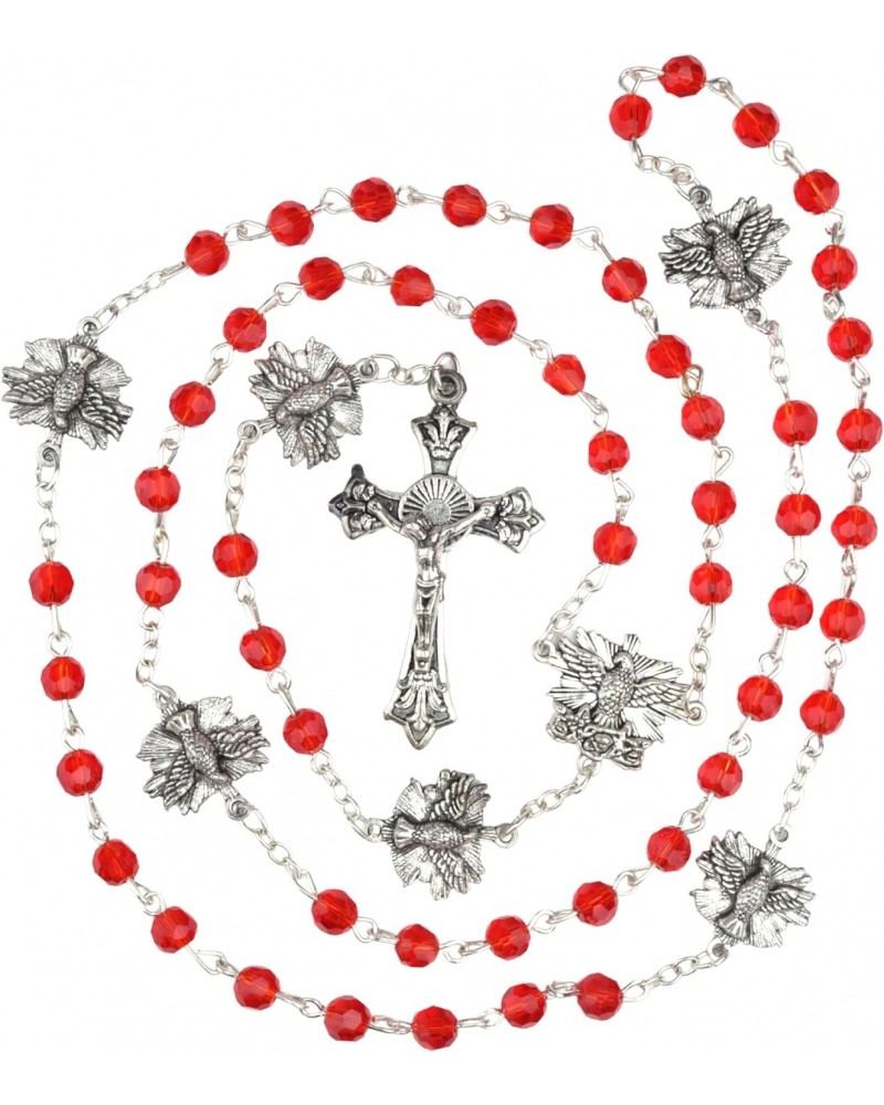 Red Confirmation Rosary, Religious Prayer Beads with Holy Spirit Dove Centerpieces, Catholic Keepsake Gifts, 22 Inches, Velve...