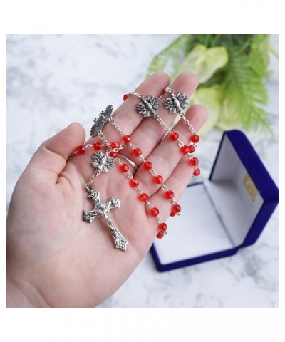 Red Confirmation Rosary, Religious Prayer Beads with Holy Spirit Dove Centerpieces, Catholic Keepsake Gifts, 22 Inches, Velve...