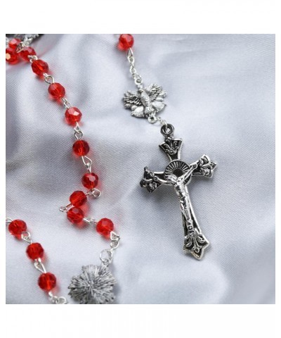 Red Confirmation Rosary, Religious Prayer Beads with Holy Spirit Dove Centerpieces, Catholic Keepsake Gifts, 22 Inches, Velve...