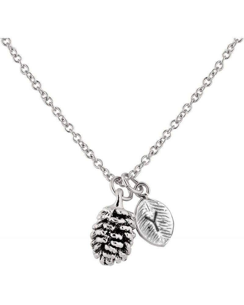 Silver Dainty Pinecone Necklace Initial Necklace Nature Necklace Leaf Necklace for Her Y $15.68 Necklaces