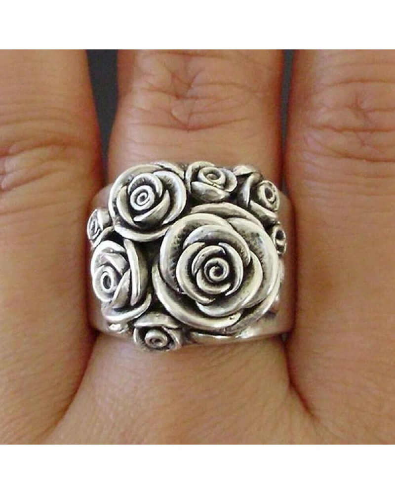 Vintage Stainless Steel Rose Flower Three-dimensional Flower Cluster Antique Style Statement Promise Anniversary Wedding Ring...