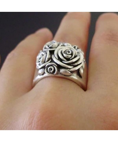 Vintage Stainless Steel Rose Flower Three-dimensional Flower Cluster Antique Style Statement Promise Anniversary Wedding Ring...