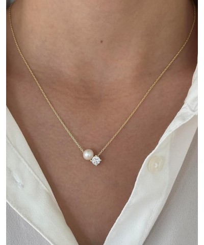 Pearl Necklaces for Women – 925 Sterling Silver Single Pearl Necklace Dainty CZ Stone Crystal Solitaire Diamond Pendant Jewel...