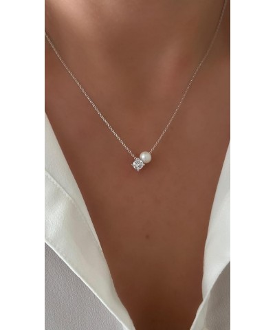 Pearl Necklaces for Women – 925 Sterling Silver Single Pearl Necklace Dainty CZ Stone Crystal Solitaire Diamond Pendant Jewel...