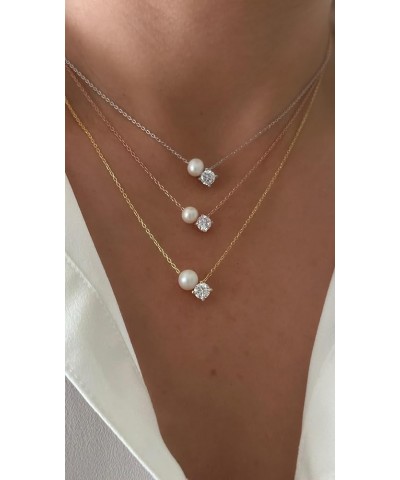 Pearl Necklaces for Women – 925 Sterling Silver Single Pearl Necklace Dainty CZ Stone Crystal Solitaire Diamond Pendant Jewel...