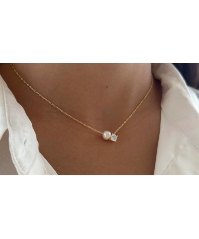 Pearl Necklaces for Women – 925 Sterling Silver Single Pearl Necklace Dainty CZ Stone Crystal Solitaire Diamond Pendant Jewel...