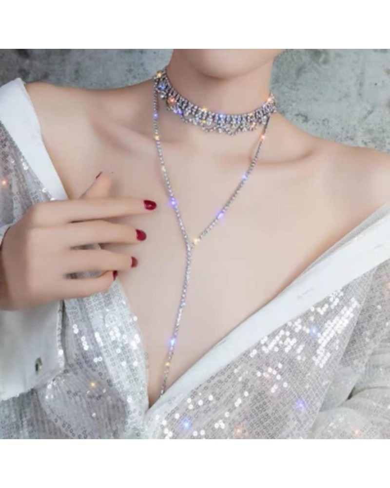 Boho Long Crystal Rhinestone Choker Necklace for Women Silver Y Layered Necklace for Women Girls Gift Party Holiday $8.66 Nec...