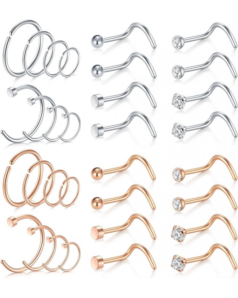 20g Stainless Steel Nose Rings Hoop L Shape Nose Studs Nose Screw Bone Silver Rose Gold Black Rainbow Pack for Women Men 28Pc...