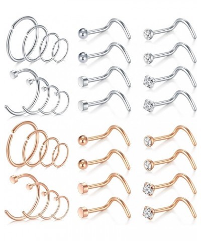 20g Stainless Steel Nose Rings Hoop L Shape Nose Studs Nose Screw Bone Silver Rose Gold Black Rainbow Pack for Women Men 28Pc...