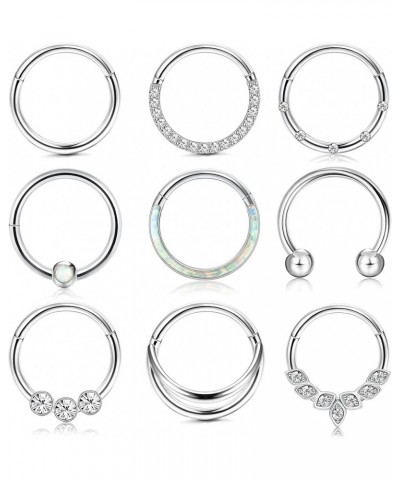 9Pcs 18G 16G Septum Rings for Women Surgical Steel Hinged Nose Rings Opal Cz Clicker Hinged Nose Hoops Rings Conch Helix Lip ...