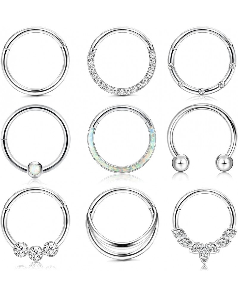 9Pcs 18G 16G Septum Rings for Women Surgical Steel Hinged Nose Rings Opal Cz Clicker Hinged Nose Hoops Rings Conch Helix Lip ...