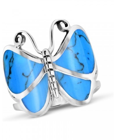 Captivating Butterfly Motif Simulated Blue Turquoise Statement .925 Sterling Silver Ring | Cute Wedding Rings For Women | Cas...