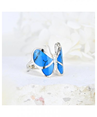 Captivating Butterfly Motif Simulated Blue Turquoise Statement .925 Sterling Silver Ring | Cute Wedding Rings For Women | Cas...