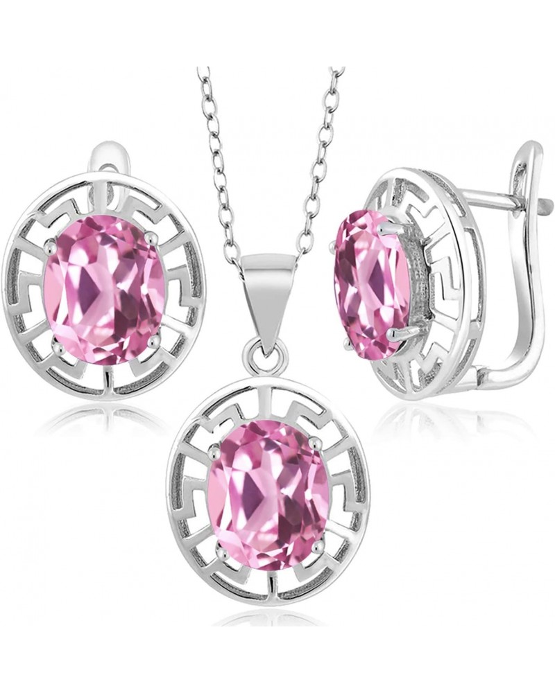 925 Sterling Silver Light Pink Created Sapphire Pendant and Earrings Jewelry Set For Women | 9.00 Cttw | Gemstone September B...